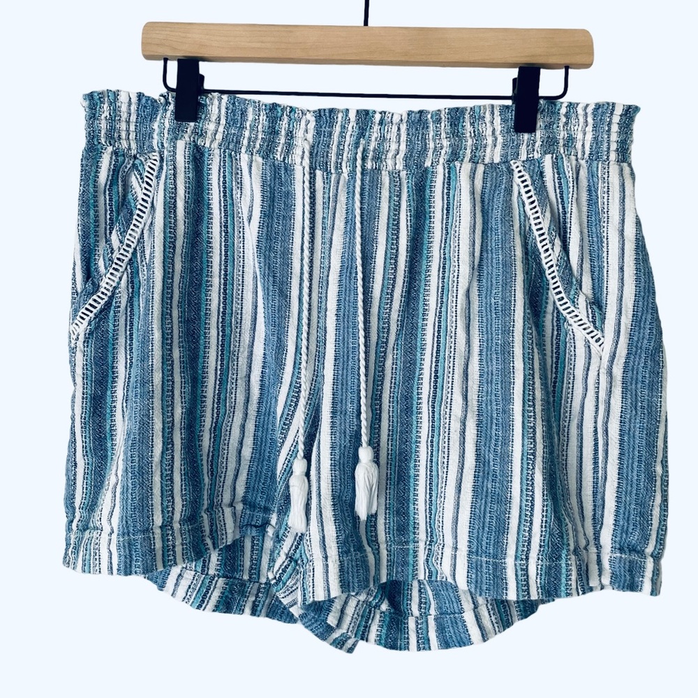 BRIGGS Linen Highwaist Shorts Blue & White Stripes Tassel and Pocket Details XL